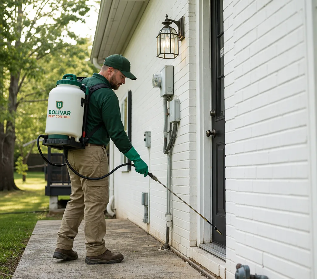 Pest control technician treating entry points along a Bolivar home's exterior foundation