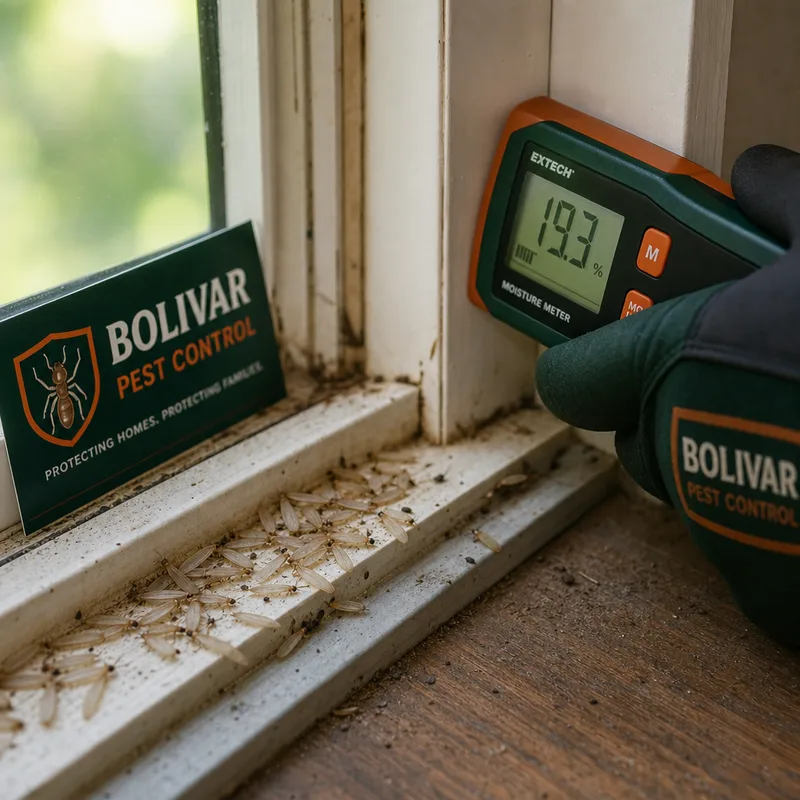 Termite wings near a window track and a moisture meter reading on nearby trim