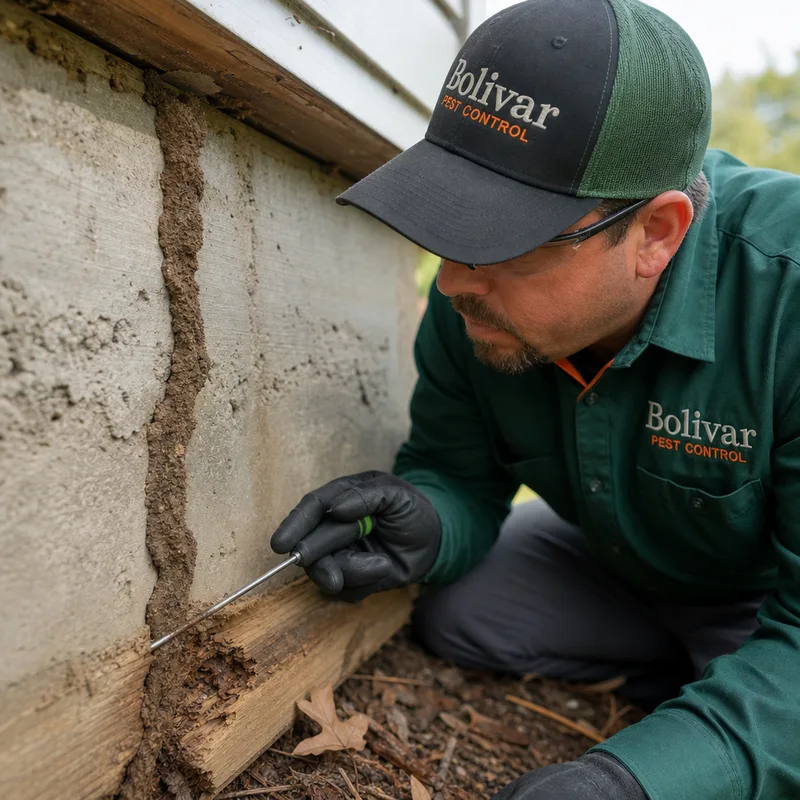 Mud tube on a foundation wall while a technician probes nearby wood for termite damage