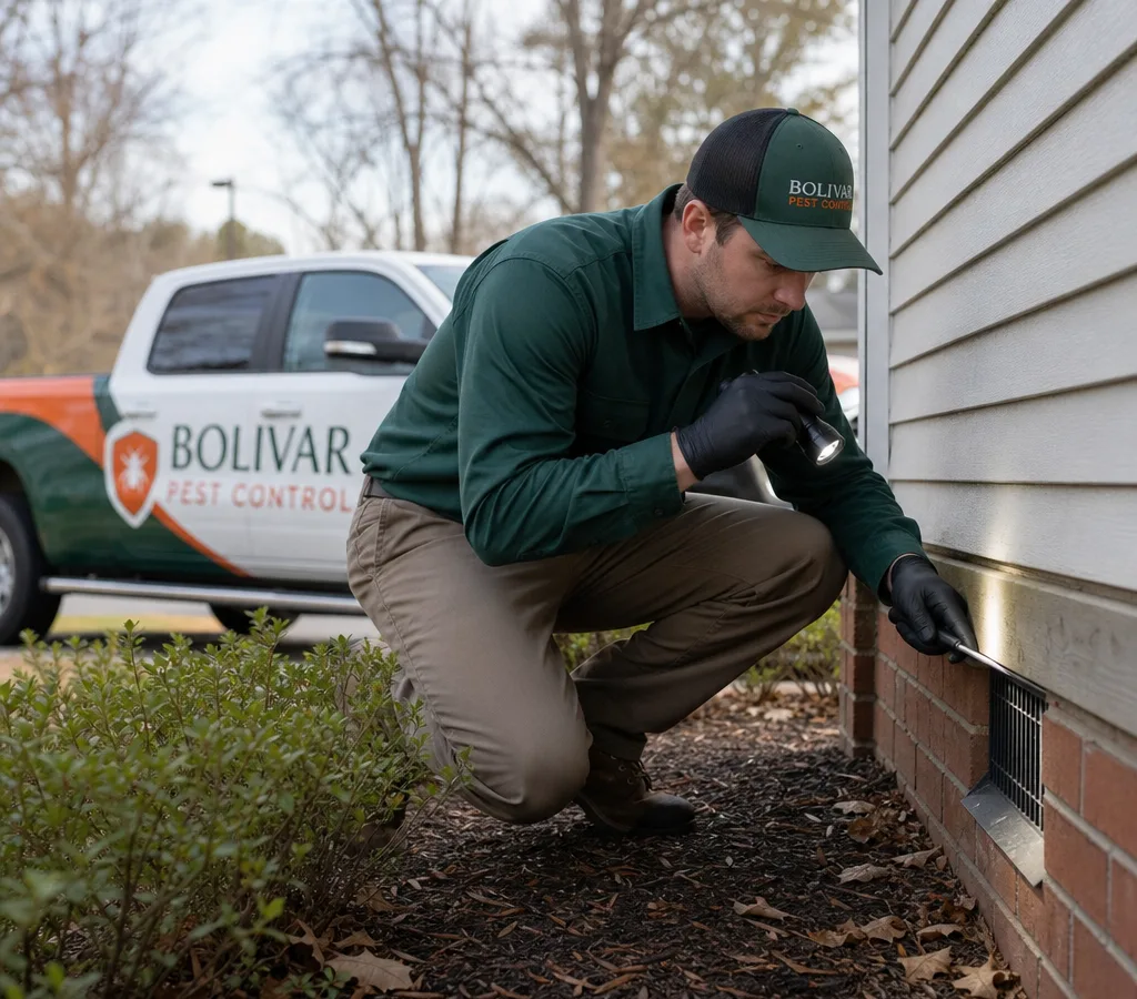 Technician performing a termite inspection at a Bolivar-area home, checking the foundation line and sill plate with a flashlight and probe
