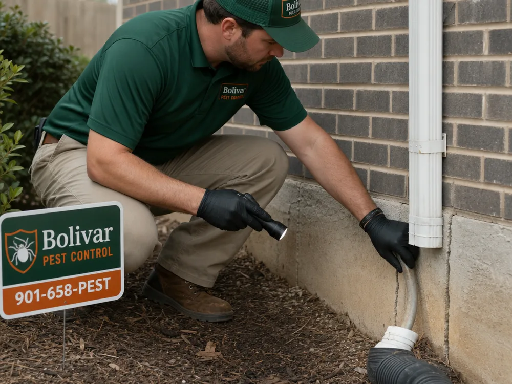 Exterior termite inspection along a foundation, expansion joints, utility penetrations, and soil contact points