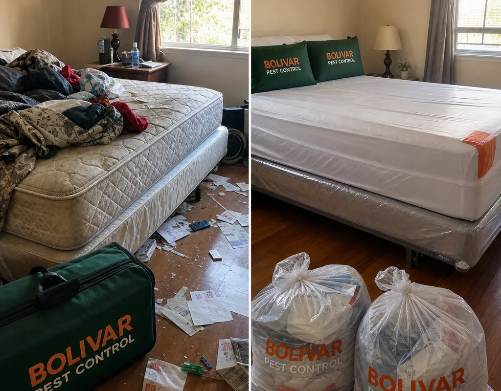 Bedroom before and after preparation with clutter reduced, bed moved from the wall, encasements installed, and laundry bagged