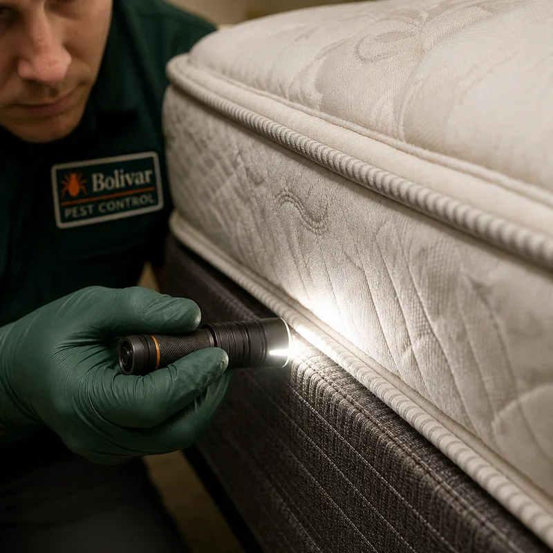Flashlight illuminating a mattress seam and box spring edge where bed bugs commonly hide