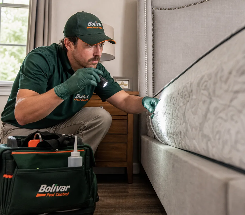 Technician in protective gloves inspecting a mattress seam and headboard with a flashlight and a discreet treatment kit nearby