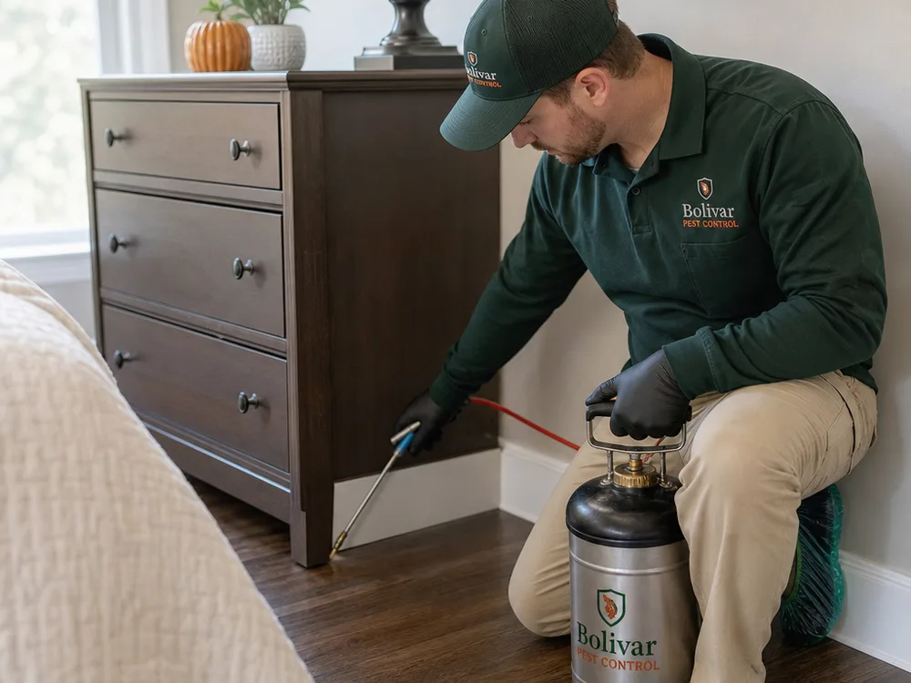 Technician applying targeted treatment along baseboards and behind a nightstand