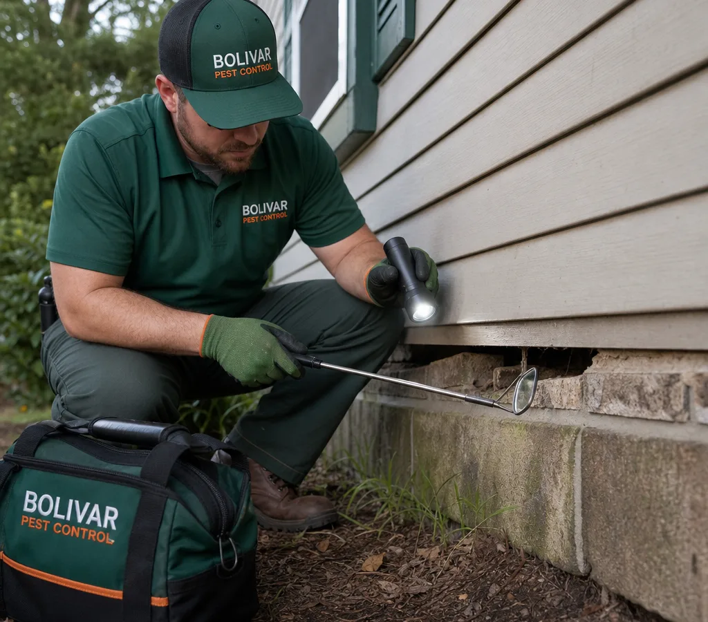 Technician inspecting exterior foundation and siding gaps on a Bolivar-area home with a flashlight and inspection mirror