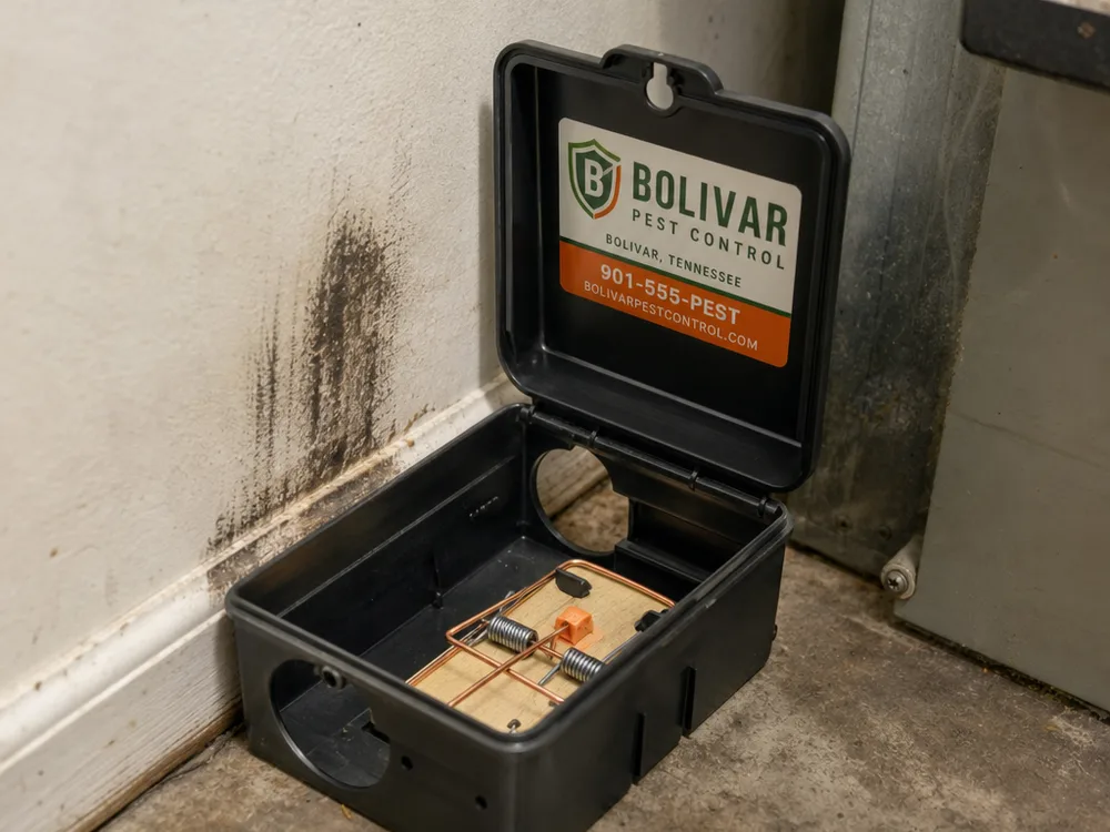 Properly placed snap trap inside a secured protective box along a utility-area wall with nearby rodent rub marks