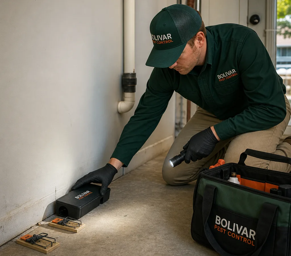 Technician placing a tamper-resistant mouse bait station and snap traps along an interior wall near a utility entry point