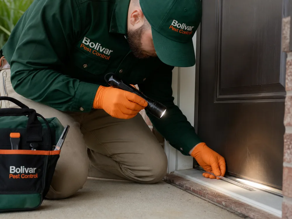 Technician measuring a gap under an exterior door and checking a worn door sweep with visible daylight at the threshold