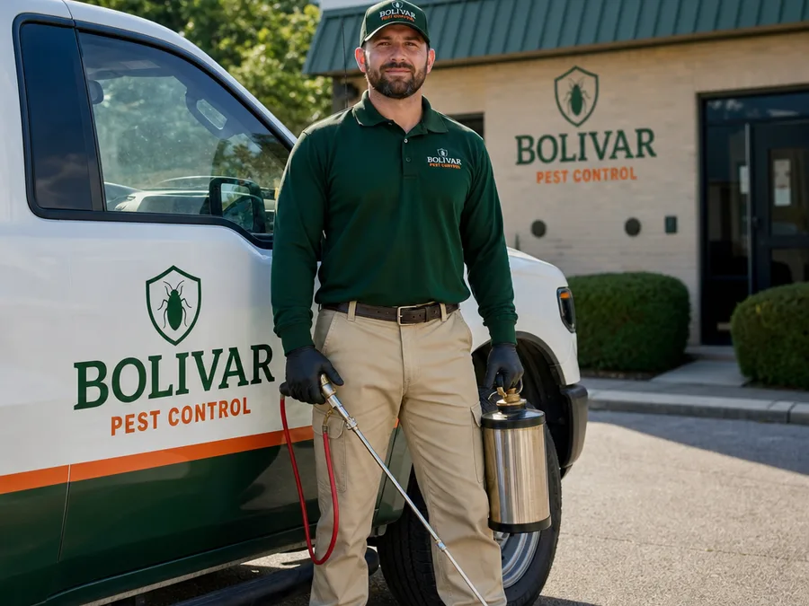 Bolivar Pest Control team member beside a service vehicle with inspection tools